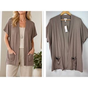 NWT Chicos Womens Mindy Vest Sweater Taupe 2/12 Open Front Short Sleeve Cardigan
